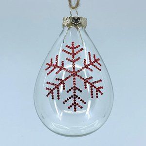 Teardrop glass Christmas ornament. Handmade red rhinestone snowflake design.